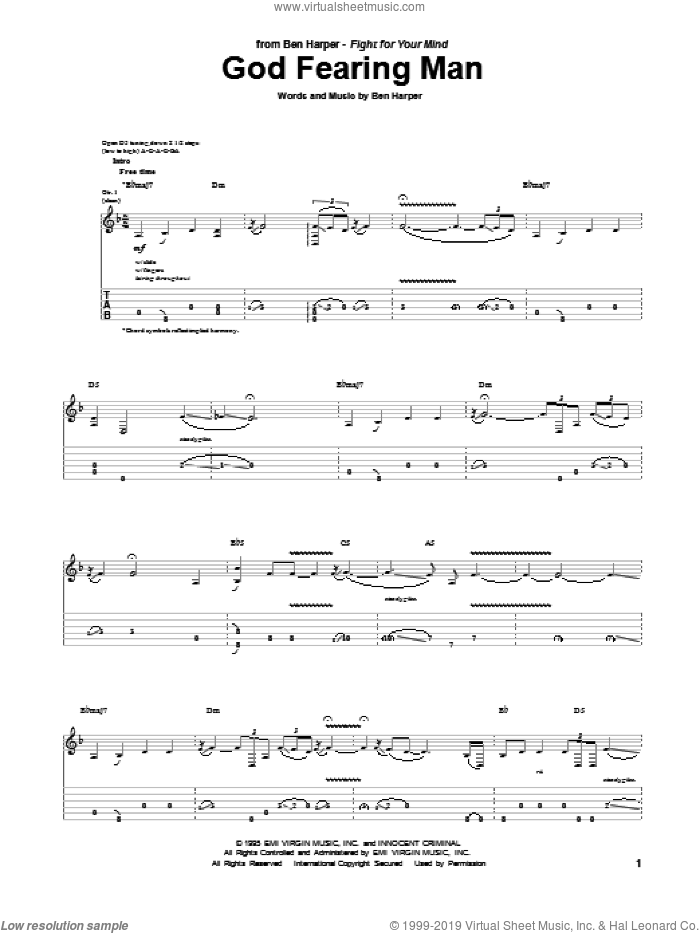 God Fearing Man sheet music for guitar (tablature) by Ben Harper, intermediate skill level