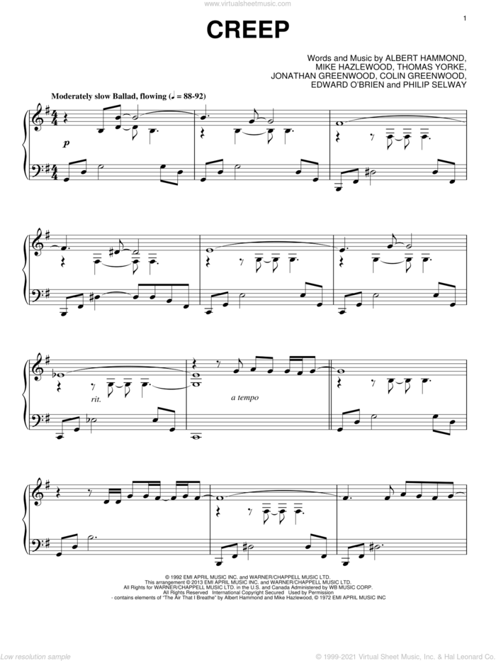 Creep, (intermediate) sheet music for piano solo by Radiohead and Thom Yorke, intermediate skill level