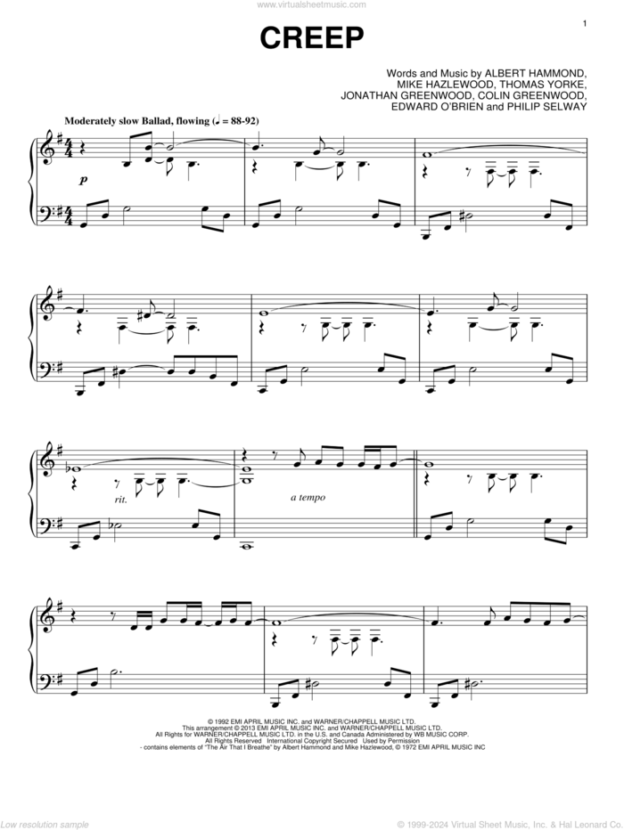 Creep, (intermediate) sheet music for piano solo by Radiohead and Thom Yorke, intermediate skill level