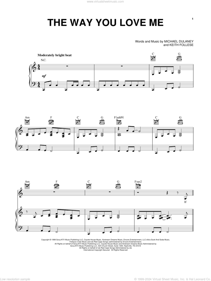 The Way You Love Me sheet music for voice, piano or guitar by Faith Hill, Keith Follese and Michael Dulaney, intermediate skill level