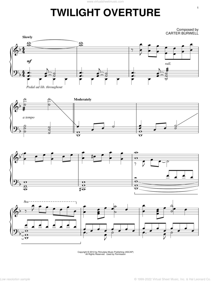Twilight Overture sheet music for piano solo by Carter Burwell and Twilight: Breaking Dawn Part 2 (Movie), intermediate skill level