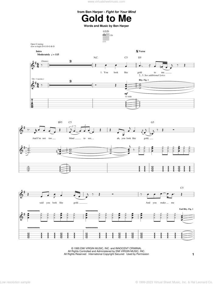 Gold To Me sheet music for guitar (tablature) by Ben Harper, intermediate skill level