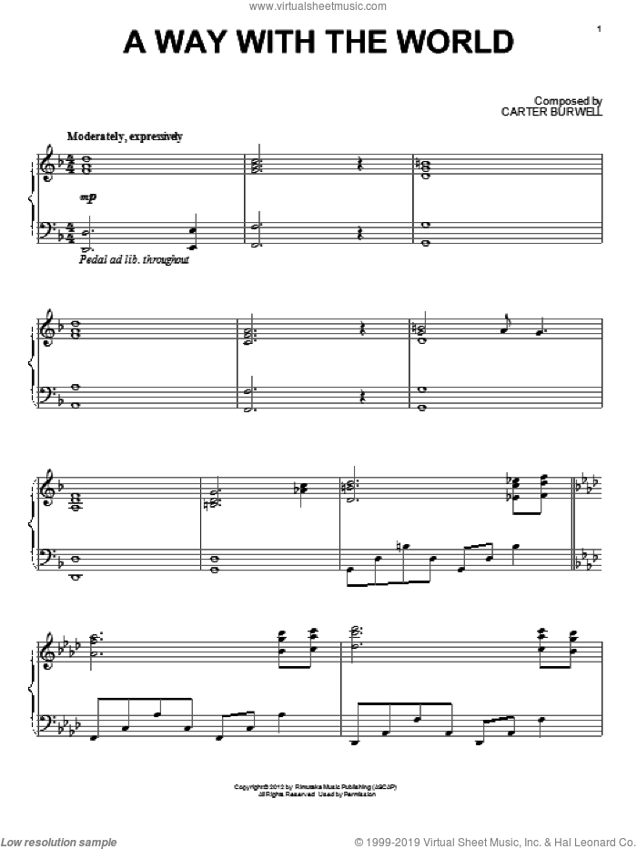 A Way With The World sheet music for piano solo by Carter Burwell and Twilight: Breaking Dawn Part 2 (Movie), intermediate skill level