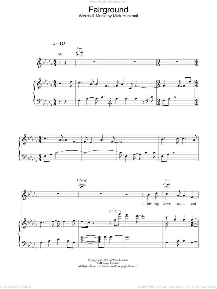 Fairground sheet music for voice, piano or guitar by Simply Red and Mick Hucknall, intermediate skill level
