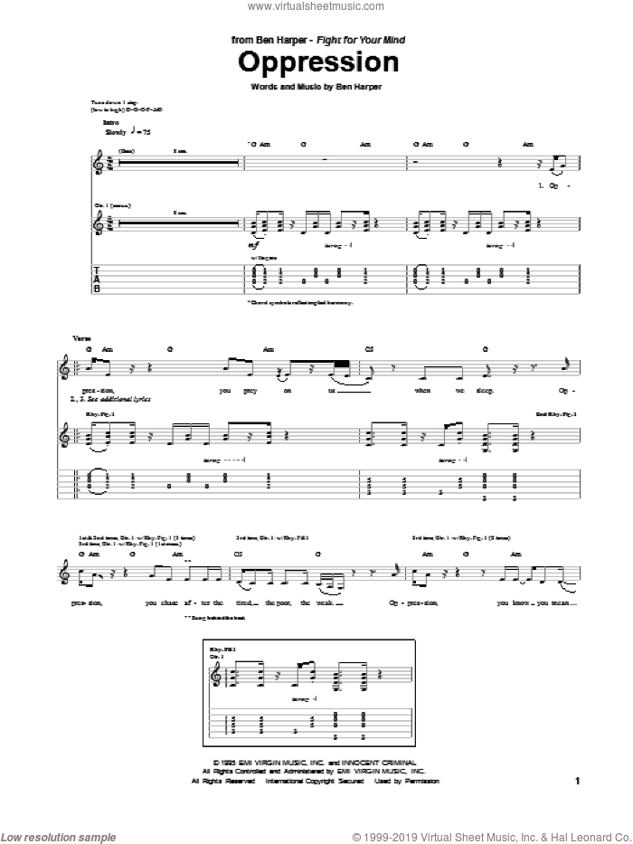 Oppression sheet music for guitar (tablature) by Ben Harper, intermediate skill level