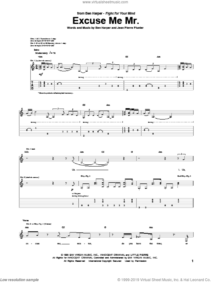 Excuse Me Mr. sheet music for guitar (tablature) by Ben Harper and Jean Pierre Plunier, intermediate skill level