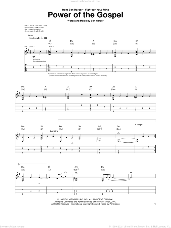 Power Of The Gospel sheet music for guitar (tablature) by Ben Harper, intermediate skill level