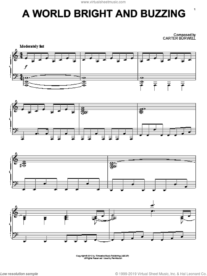 A World Bright And Buzzing sheet music for piano solo by Carter Burwell and Twilight: Breaking Dawn Part 2 (Movie), intermediate skill level