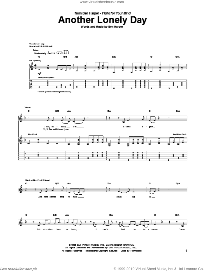 Another Lonely Day sheet music for guitar (tablature) by Ben Harper, intermediate skill level
