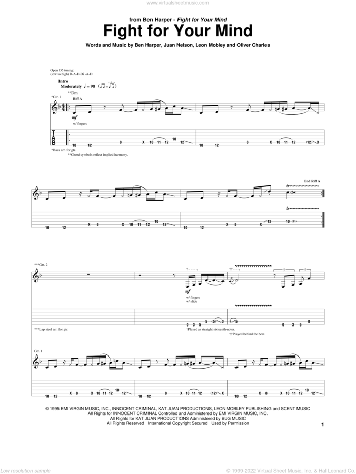 Fight For Your Mind sheet music for guitar (tablature) by Ben Harper, intermediate skill level