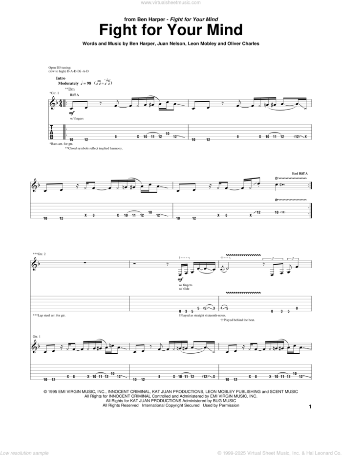 Fight For Your Mind sheet music for guitar (tablature) by Ben Harper, intermediate skill level