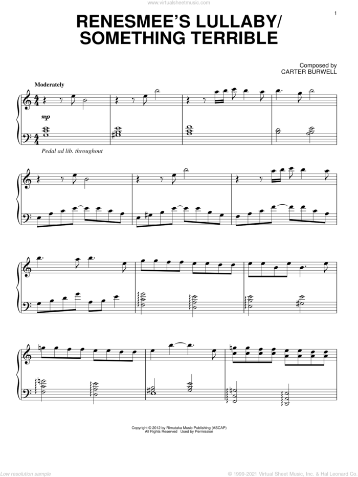 Renesmee's Lullaby/Something Terrible sheet music for piano solo by Carter Burwell and Twilight: Breaking Dawn Part 2 (Movie), intermediate skill level