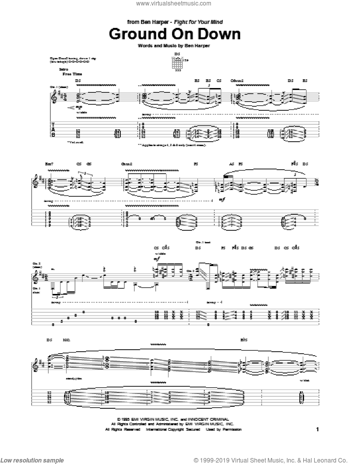 Ground On Down sheet music for guitar (tablature) by Ben Harper, intermediate skill level