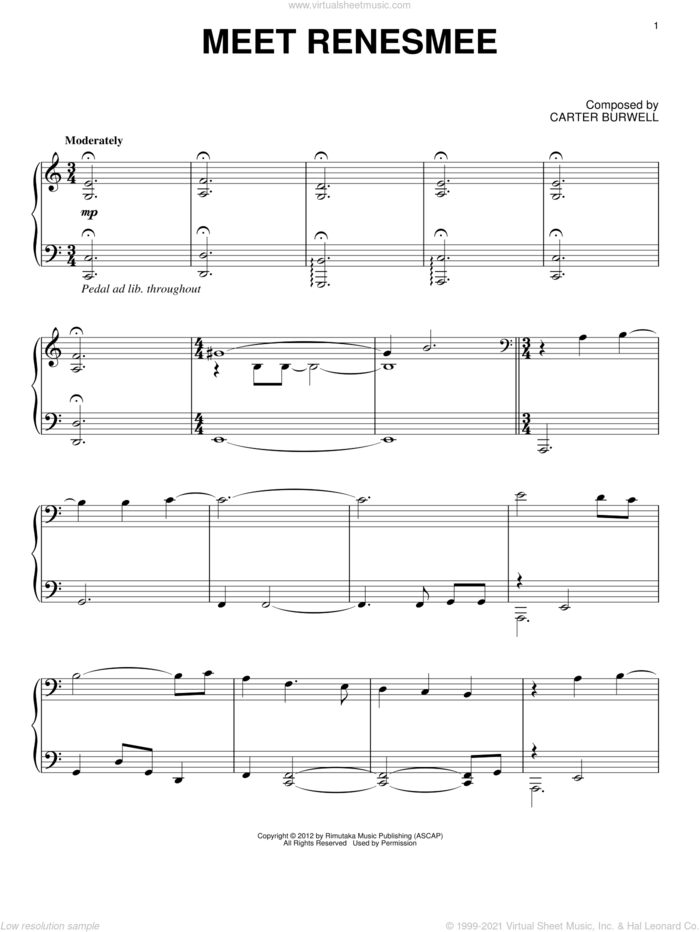 Meet Renesmee sheet music for piano solo by Carter Burwell and Twilight: Breaking Dawn Part 2 (Movie), intermediate skill level