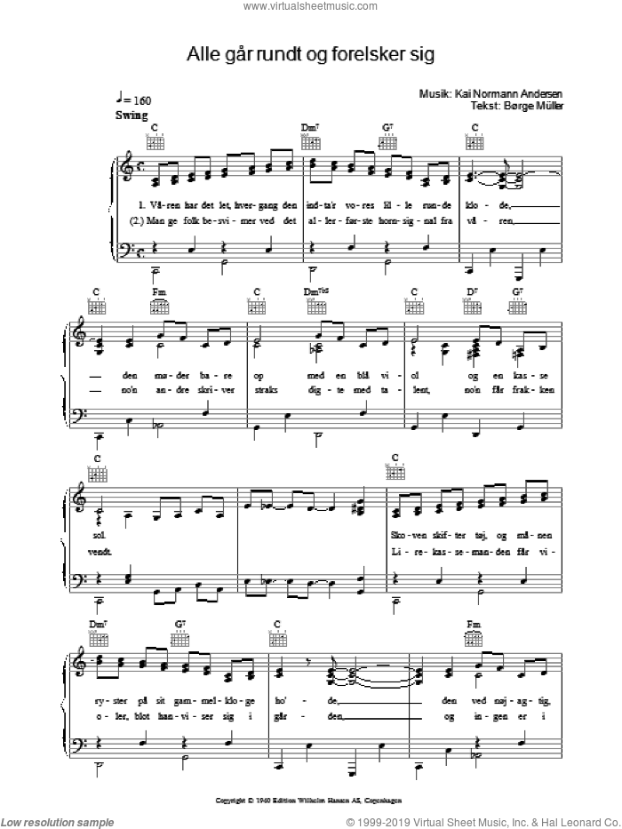 Alle Gar Rundt Og Forelsker Sig sheet music for voice, piano or guitar by Kai Normann Andersen and Borge Muller, intermediate skill level