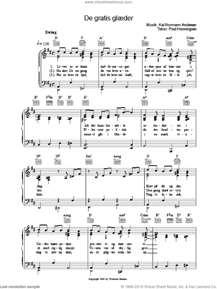 De Gratis Glaeder sheet music for voice, piano or guitar by Kai Normann Andersen and Poul Henningsen, intermediate skill level