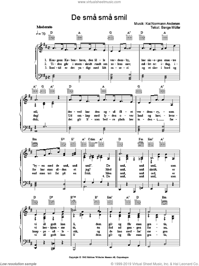 De Sma Sma Smil sheet music for voice, piano or guitar by Kai Normann Andersen and Borge Muller, intermediate skill level