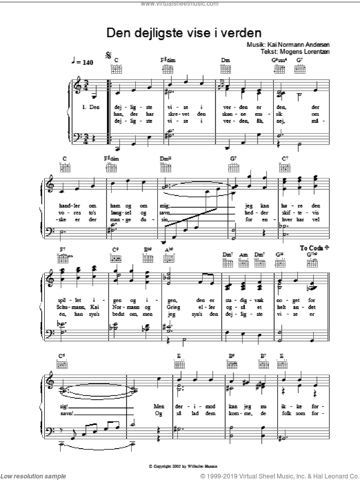 Den Dejligste Vise I Verden sheet music for voice, piano or guitar by Kai Normann Andersen and Mogens Lorentzen, intermediate skill level