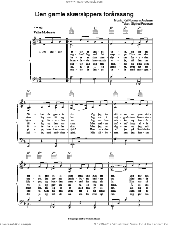 Den Gamle SkArslippers Forarssang sheet music for voice, piano or guitar by Kai Normann Andersen and Sigfred Pedersen, intermediate skill level