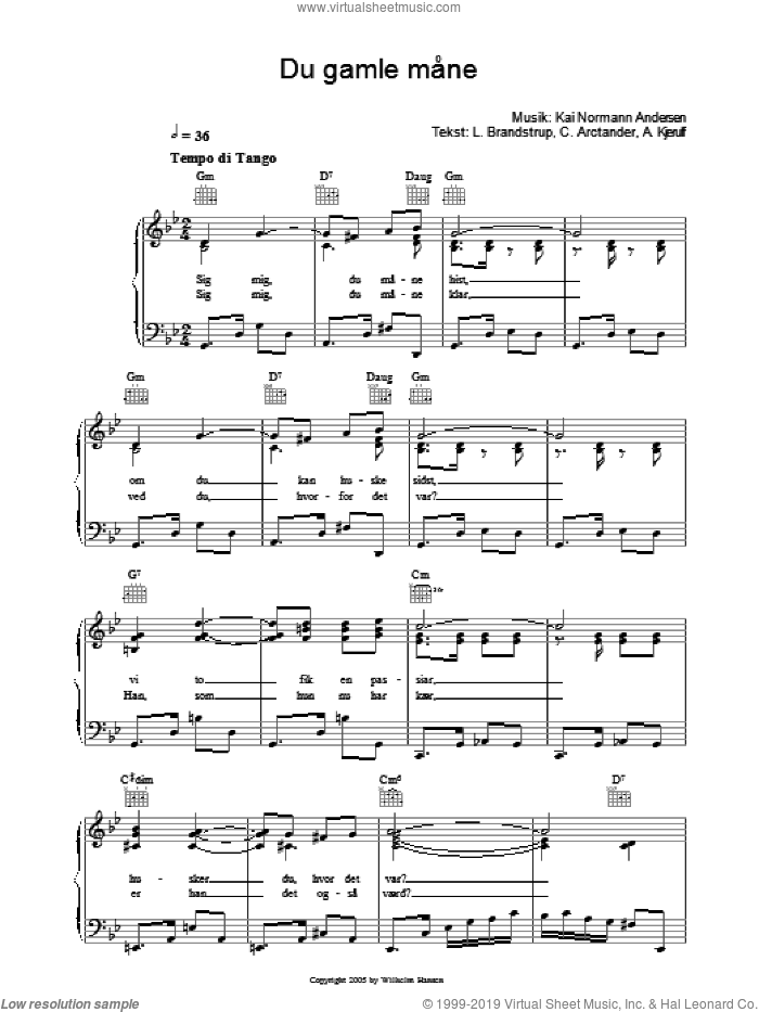 Du Gamle Mane sheet music for voice, piano or guitar by Kai Normann Andersen, A. Kjerulf, C. Arctander and L. Brandstrup, intermediate skill level