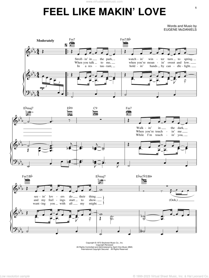 Feel Like Makin' Love sheet music for voice, piano or guitar by Roberta Flack and Eugene McDaniels, intermediate skill level