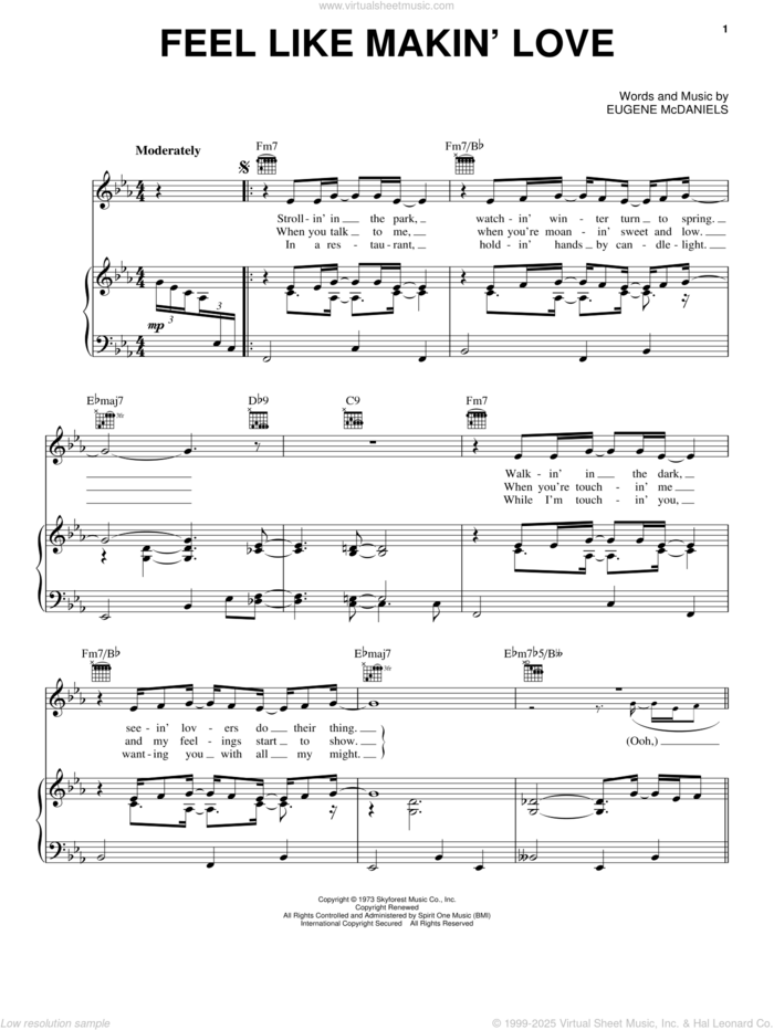 Feel Like Makin' Love sheet music for voice, piano or guitar by Roberta Flack and Eugene McDaniels, intermediate skill level