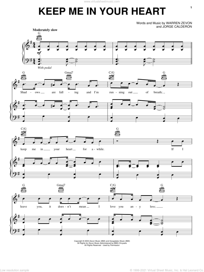 Keep Me In Your Heart sheet music for voice, piano or guitar by Warren Zevon and Jorge Calderon, intermediate skill level