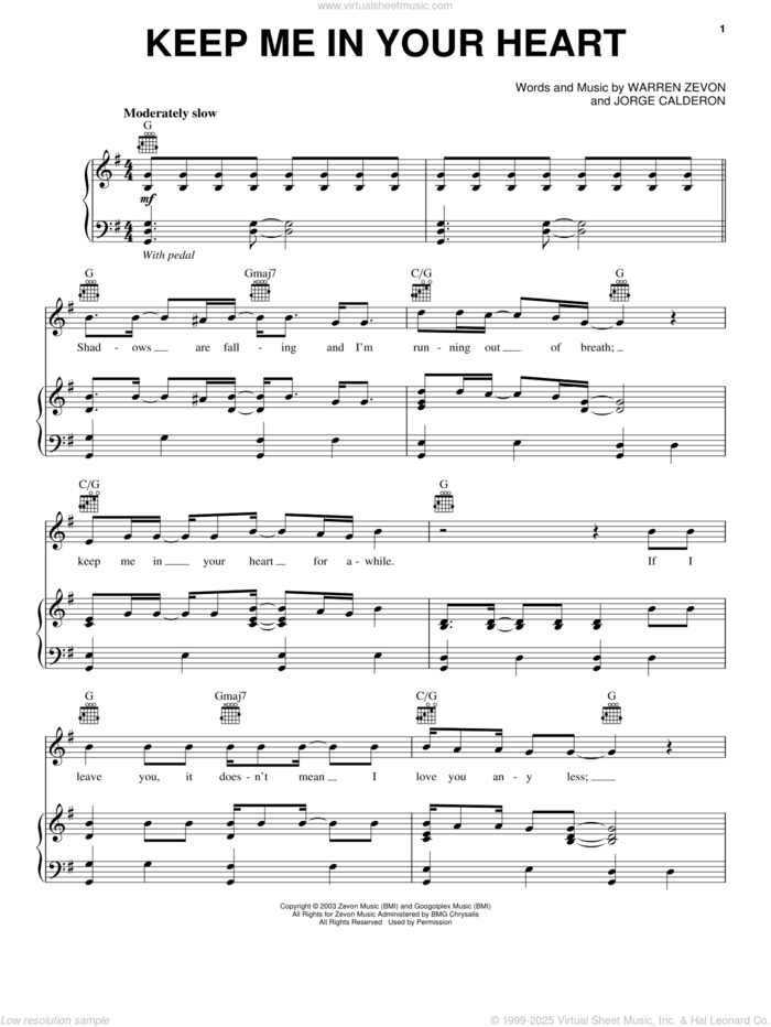 Keep Me In Your Heart sheet music for voice, piano or guitar by Warren Zevon and Jorge Calderon, intermediate skill level