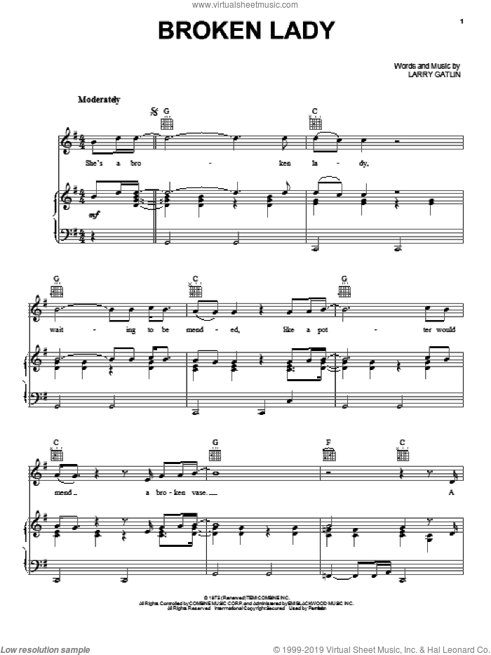 Broken Lady sheet music for voice, piano or guitar by Larry Gatlin, intermediate skill level