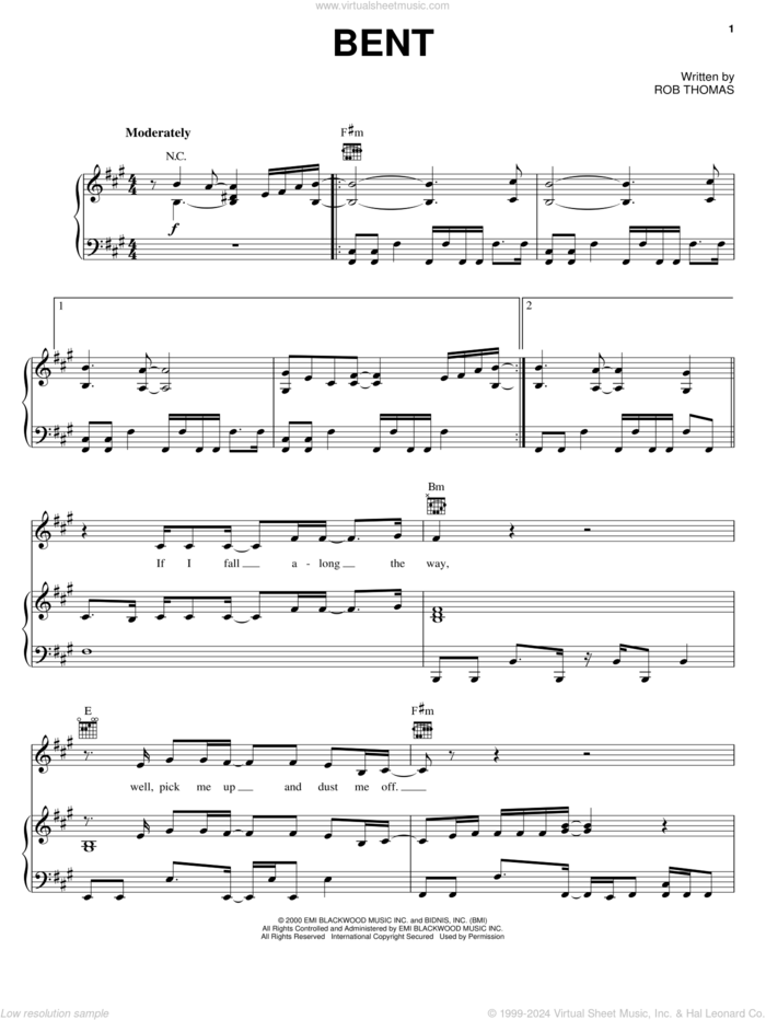 Bent sheet music for voice, piano or guitar by Matchbox Twenty, Matchbox 20 and Rob Thomas, intermediate skill level