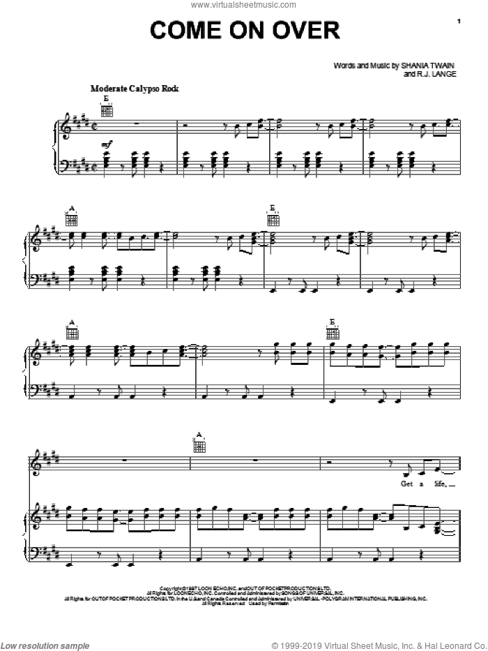 Come On Over sheet music for voice, piano or guitar by Shania Twain and Robert John Lange, intermediate skill level