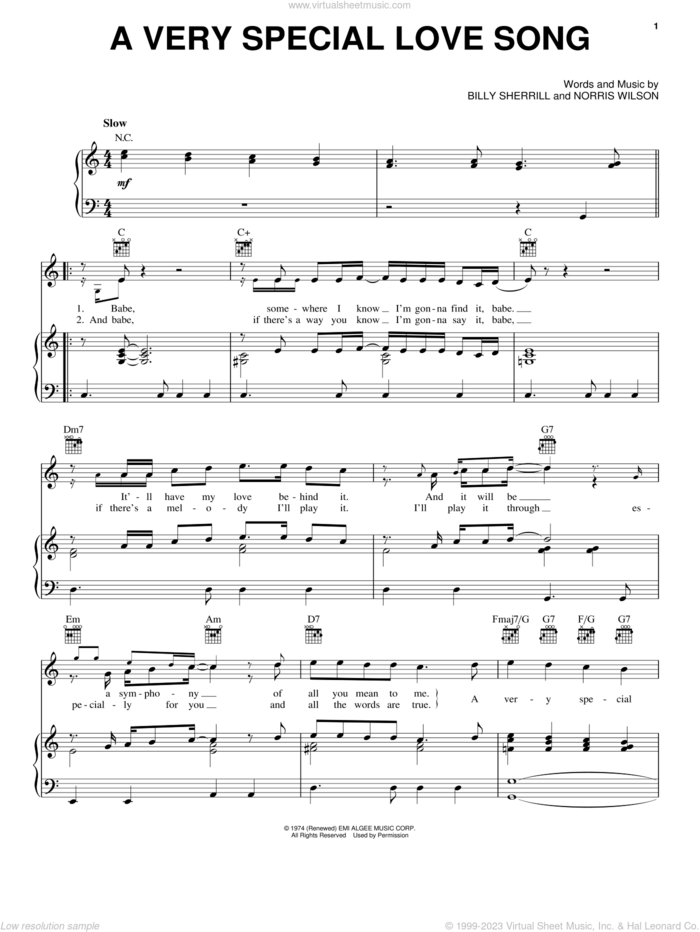 A Very Special Love Song sheet music for voice, piano or guitar by Charlie Rich, Billy Sherrill and Norris Wilson, intermediate skill level