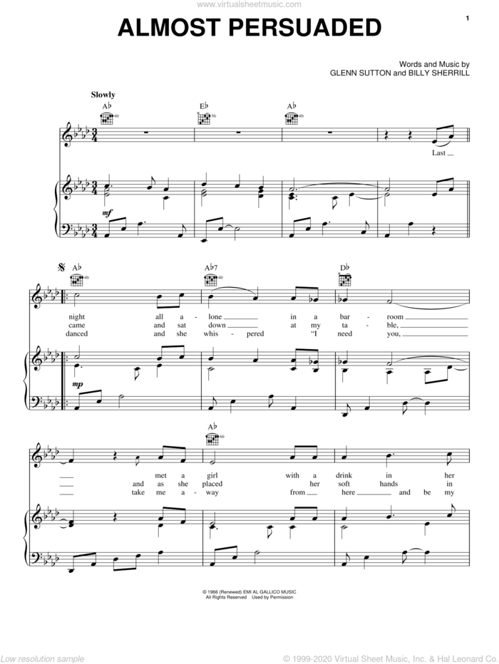 Almost Persuaded sheet music for voice, piano or guitar by David Houston, Ben Colder and Etta James, intermediate skill level