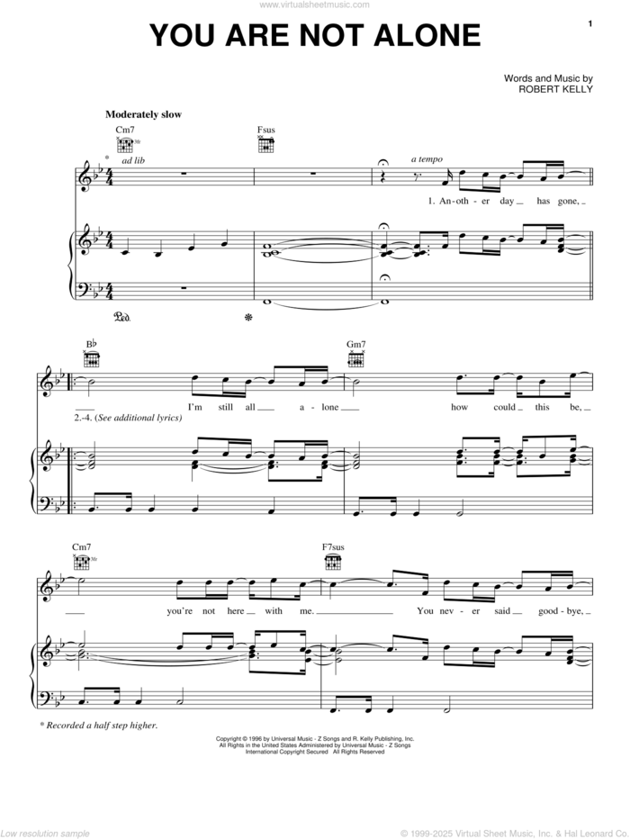 You Are Not Alone sheet music for voice, piano or guitar by Michael Jackson and Robert Kelly, intermediate skill level