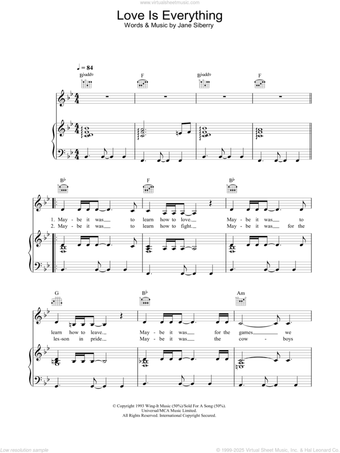 Love Is Everything sheet music for voice, piano or guitar by Jane Siberry, intermediate skill level