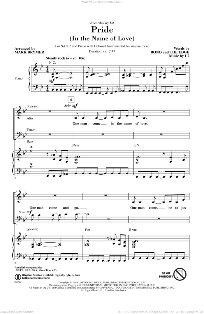 Pride (In The Name Of Love) (arr. Mark Brymer) sheet music for choir (SATB: soprano, alto, tenor, bass) by Mark Brymer and U2, intermediate skill level