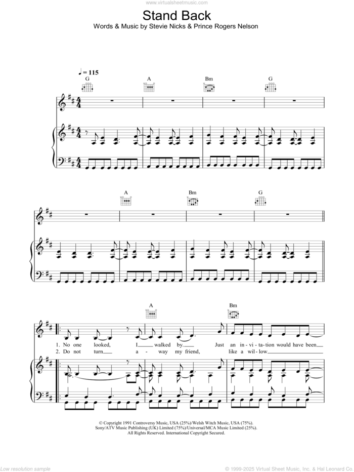 Stand Back sheet music for voice, piano or guitar by Stevie Nicks, Prince and Prince Rogers Nelson, intermediate skill level