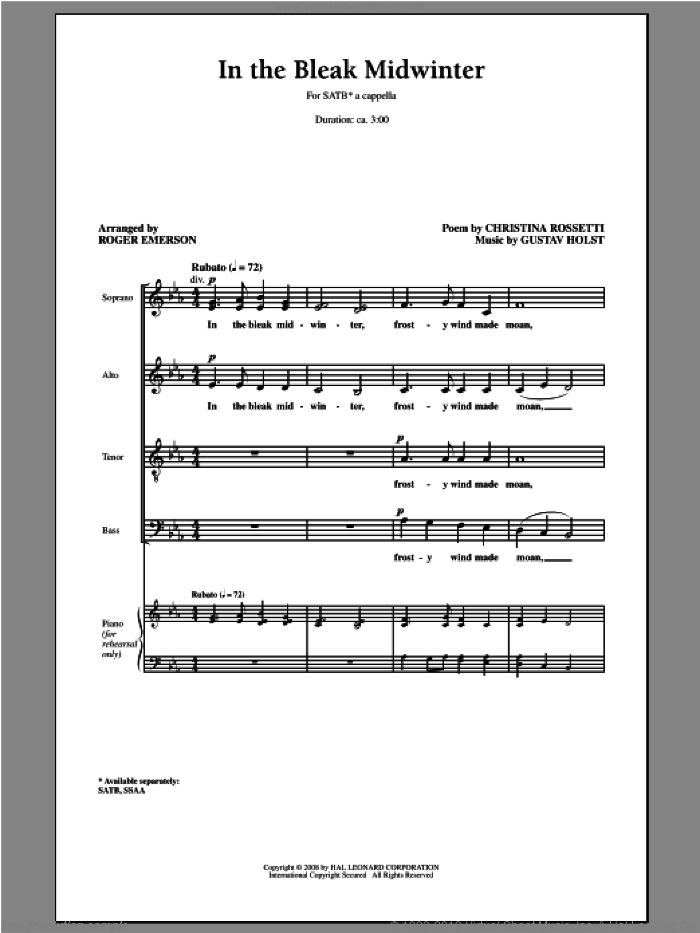 In The Bleak Midwinter sheet music for choir (SATB: soprano, alto, tenor, bass) by Roger Emerson, intermediate skill level