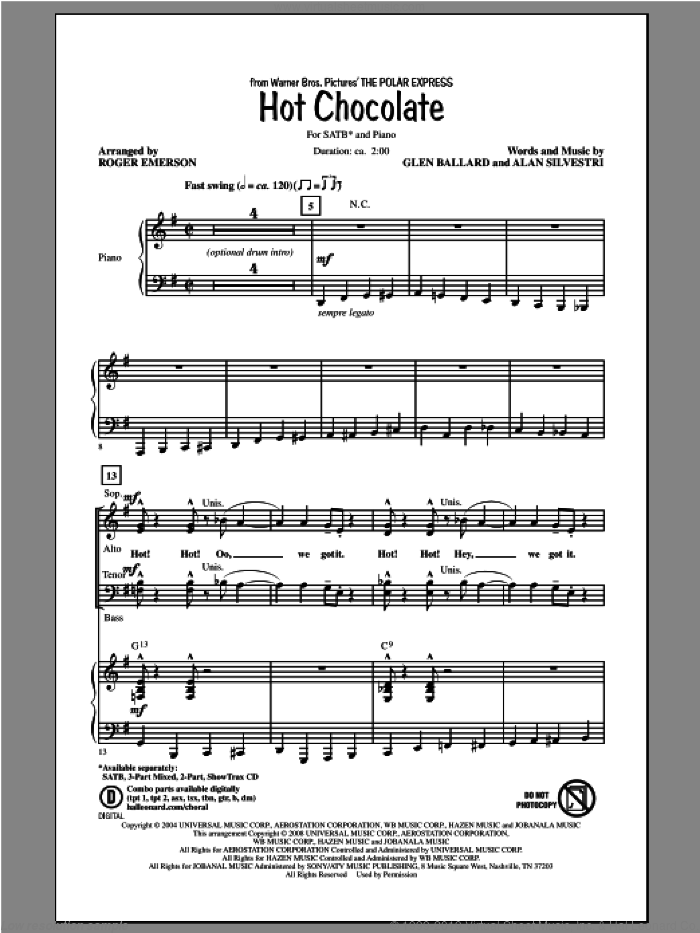 Hot Chocolate (from Polar Express) sheet music for choir (SATB: soprano, alto, tenor, bass) by Roger Emerson and Polar Express (Movie), intermediate skill level