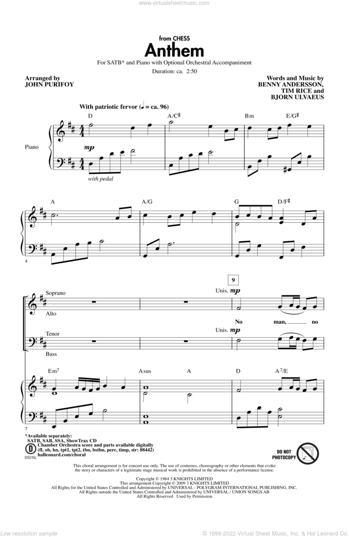 Anthem sheet music for choir (SATB: soprano, alto, tenor, bass) by Josh Groban and John Purifoy, intermediate skill level