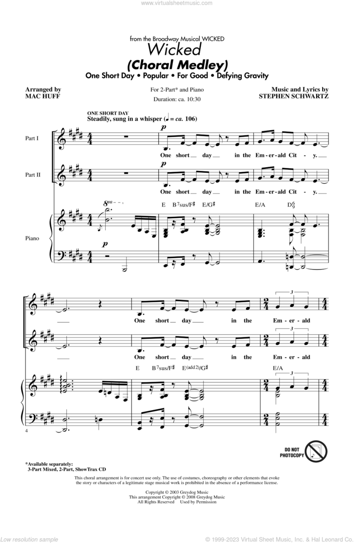 Wicked (Choral Medley) (arr. Mac Huff) sheet music for choir (2-Part) by Stephen Schwartz and Mac Huff, intermediate duet