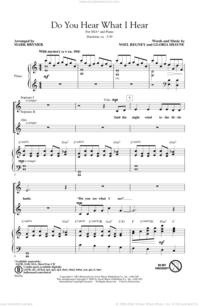 Do You Hear What I Hear (arr. Mark Brymer) sheet music for choir (SSA: soprano, alto) by Gloria Shayne, Noel Regney and Mark Brymer, intermediate skill level