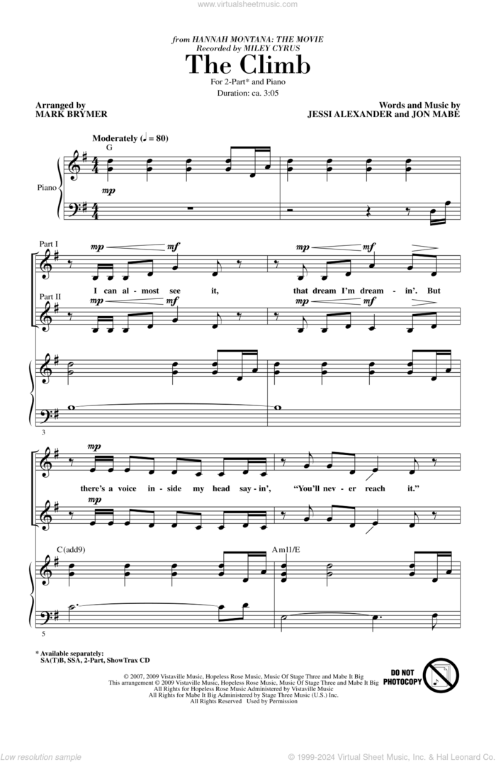 The Climb (from Hannah Montana: The Movie) (arr. Mark Brymer) sheet music for choir (2-Part) by Mark Brymer and Miley Cyrus, intermediate duet