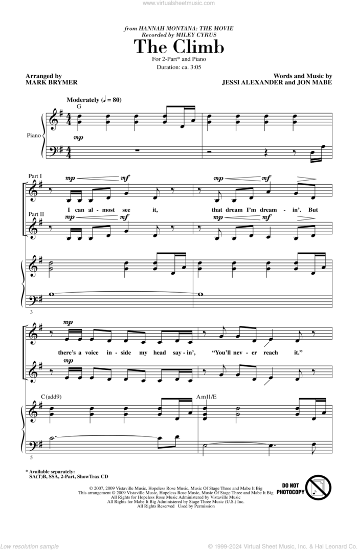 The Climb (from Hannah Montana: The Movie) (arr. Mark Brymer) sheet music for choir (2-Part) by Mark Brymer and Miley Cyrus, intermediate duet