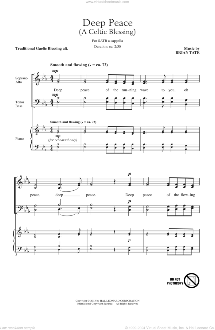 Deep Peace sheet music for choir (SATB: soprano, alto, tenor, bass) by Brian Tate, intermediate skill level