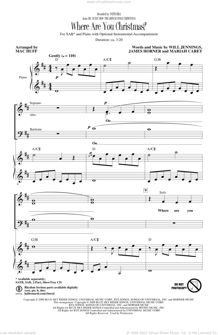 Where Are You Christmas? (arr. Mac Huff)  (from How The Grinch Stole Christmas) sheet music for choir (SAB: soprano, alto, bass) by Mariah Carey, James Horner, Will Jennings, Faith Hill and Mac Huff, intermediate skill level
