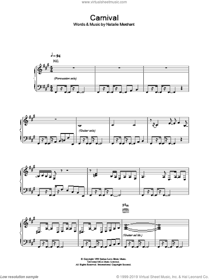 Carnival sheet music for voice, piano or guitar by Natalie Merchant, intermediate skill level