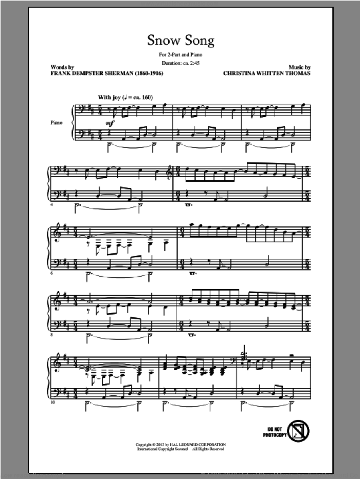 Snow Song sheet music for choir (2-Part) by Christina Whitten Thomas and Frank Dempster Sherman, intermediate duet