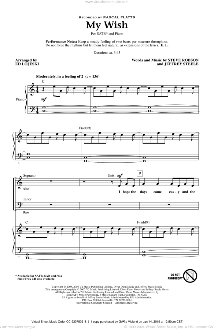 My Wish (arr. Ed Lojeski) sheet music for choir (SATB: soprano, alto, tenor, bass) by Ed Lojeski, Jeffrey Steele, Steve Robson and Rascal Flatts, intermediate skill level