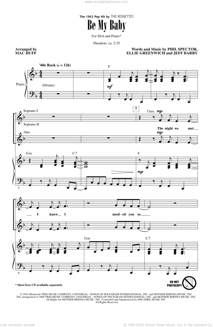 Be My Baby sheet music for choir (SSA: soprano, alto) by Jeff Barry, Ellie Greenwich, Phil Spector, Mac Huff and Ronettes, intermediate skill level